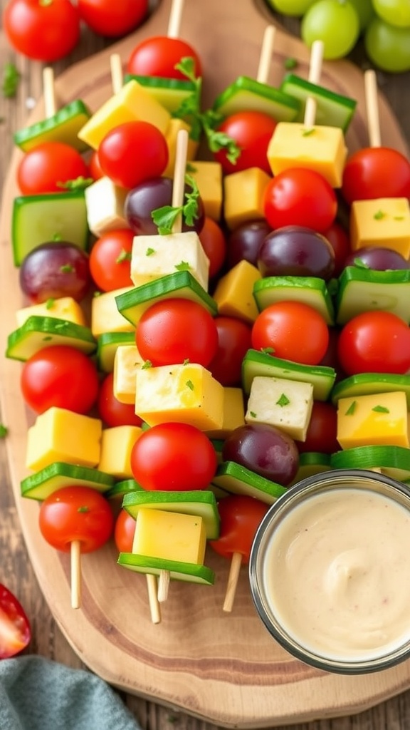 A platter of colorful snack kabobs with tomatoes, cucumber, cheese, and grapes, served with dipping sauce.
